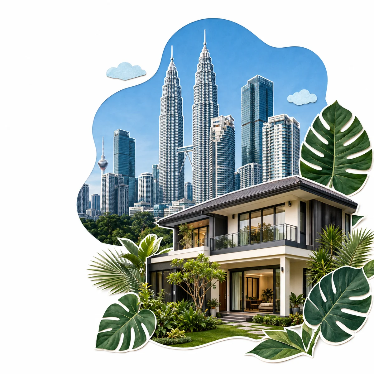 Ilustrasi kolaj latar Kuala Lumpur, rumah moden dan kehijauan tropika