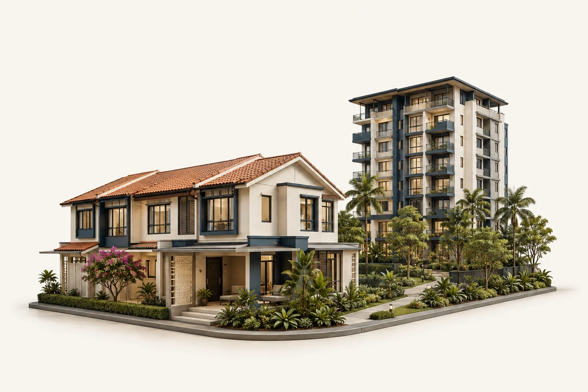 Ilustrasi seni bina rumah teres dan apartmen dengan taman tropika