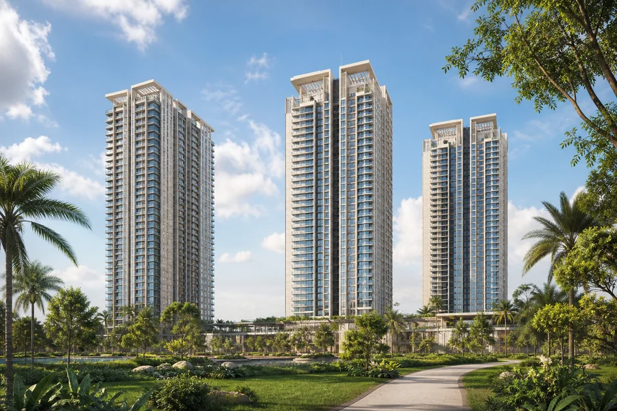 Ilustrasi fotorealistik apartmen moden dengan taman tropika