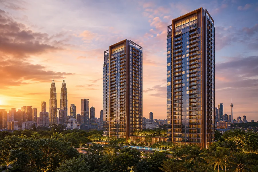 Ilustrasi fotorealistik kediaman bandar berlatar langit Kuala Lumpur pada waktu senja