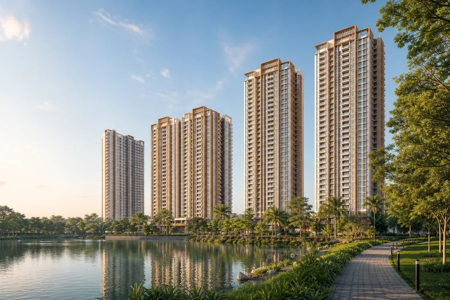 Ilustrasi fotorealistik menara kediaman di tepi tasik